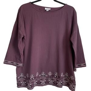 J. Jill Purple Tunic Top Sz M Embroidered Floral Paisley Cotton Boho Casual